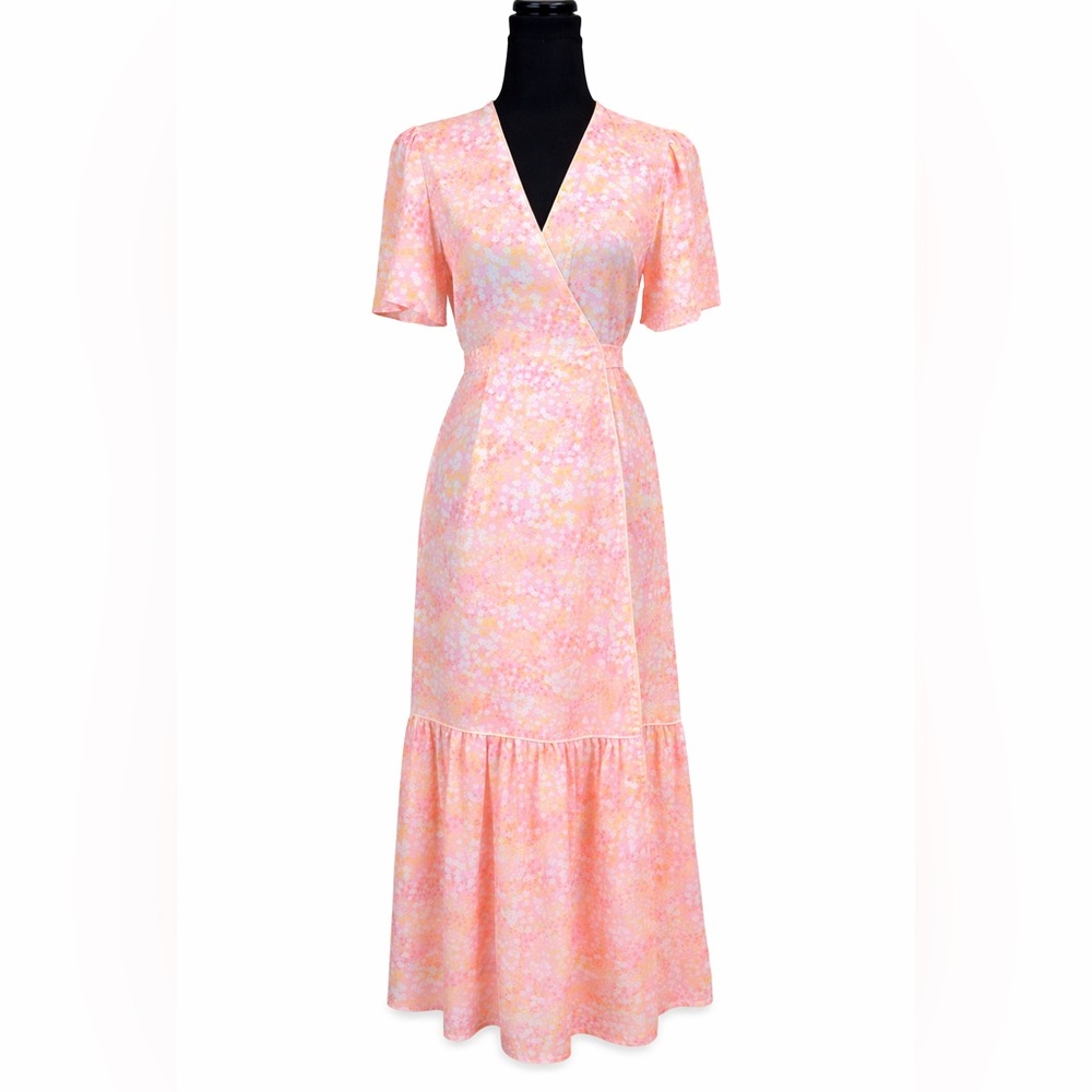 LaRoque Floral Wrap Midi Dress Pink Yellow Cottagecore Preppy Feminine Small - Picture 3 of 16